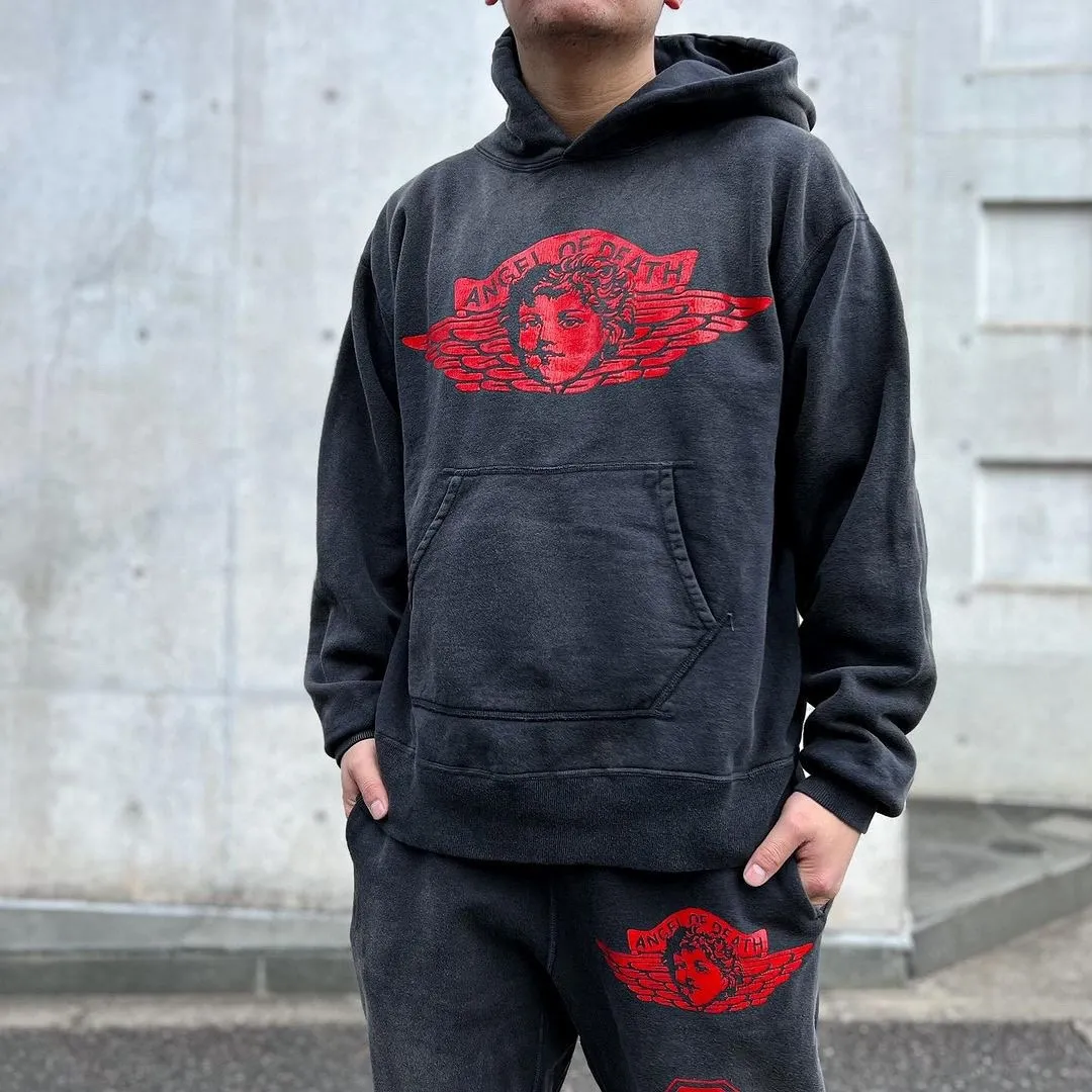 SAINT Mxxxxxx ANGEL HOODIE/BLK Angel Rebirth Crack Printed Retro Distressed Hoodie Assute dyeing, full-length spray-on fade, heavy fermentation wash, NEW VINTAGE texture, factory four-needle and six-thread workmanship, boneless patchwork, more comfortable to wear, genuine level crack print/accessories restored
